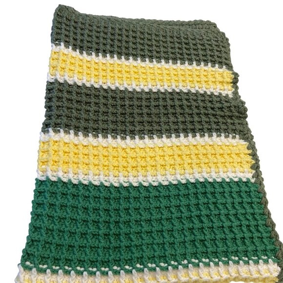 Handmade Crochet striped Blanket Green Yellow White Waffle Soft Warm throw - Picture 5 of 12
